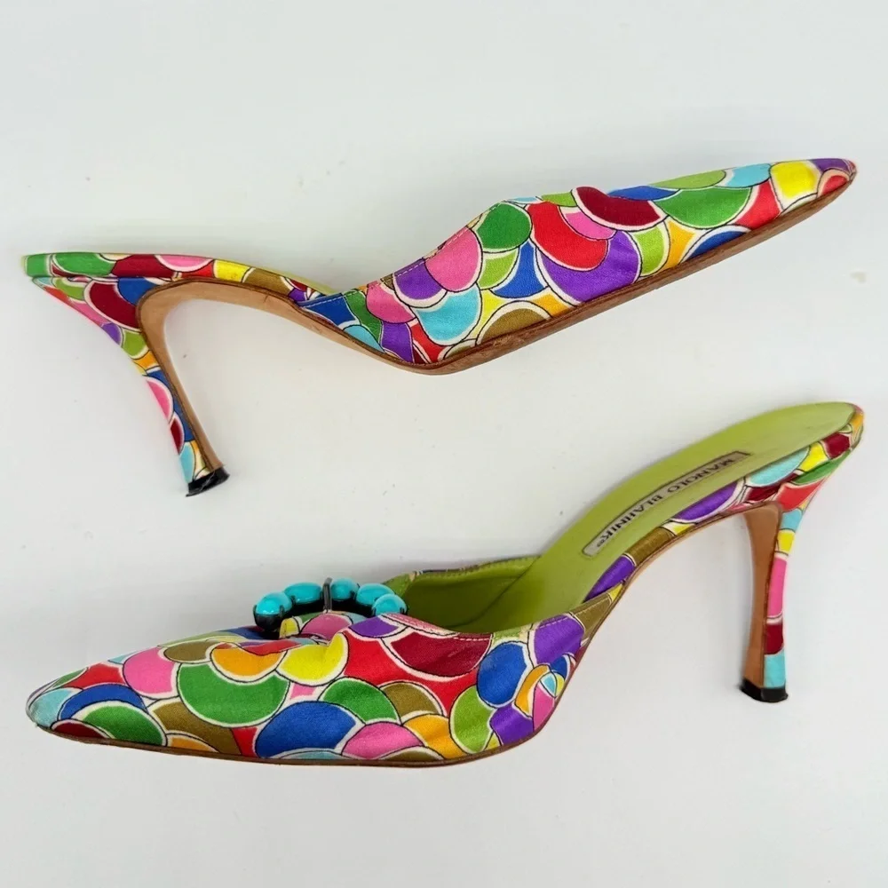Manolo Blahnik Blue Green Multicolor Atomica Turquoise Buckle Mule pumps EU 37